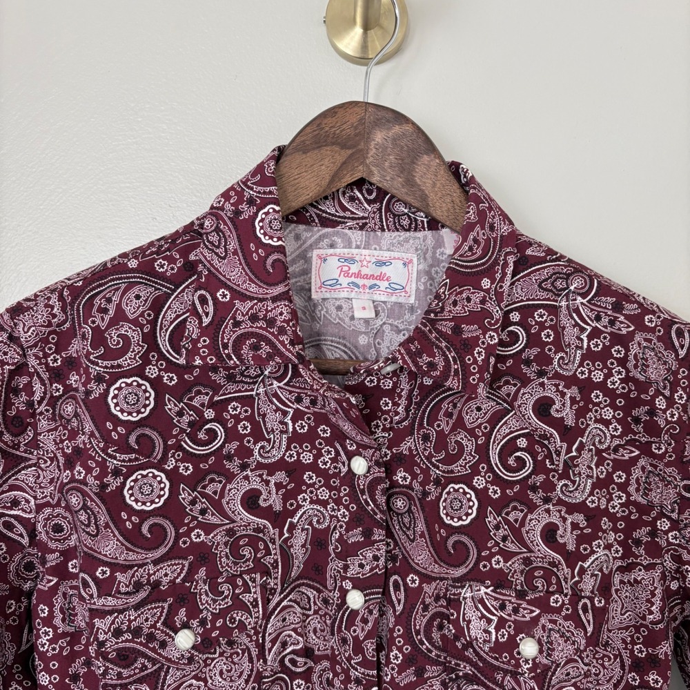 Panhandle Slim Western Shirt Women Small Burgundy Excellent Paisley Snap Rodeo